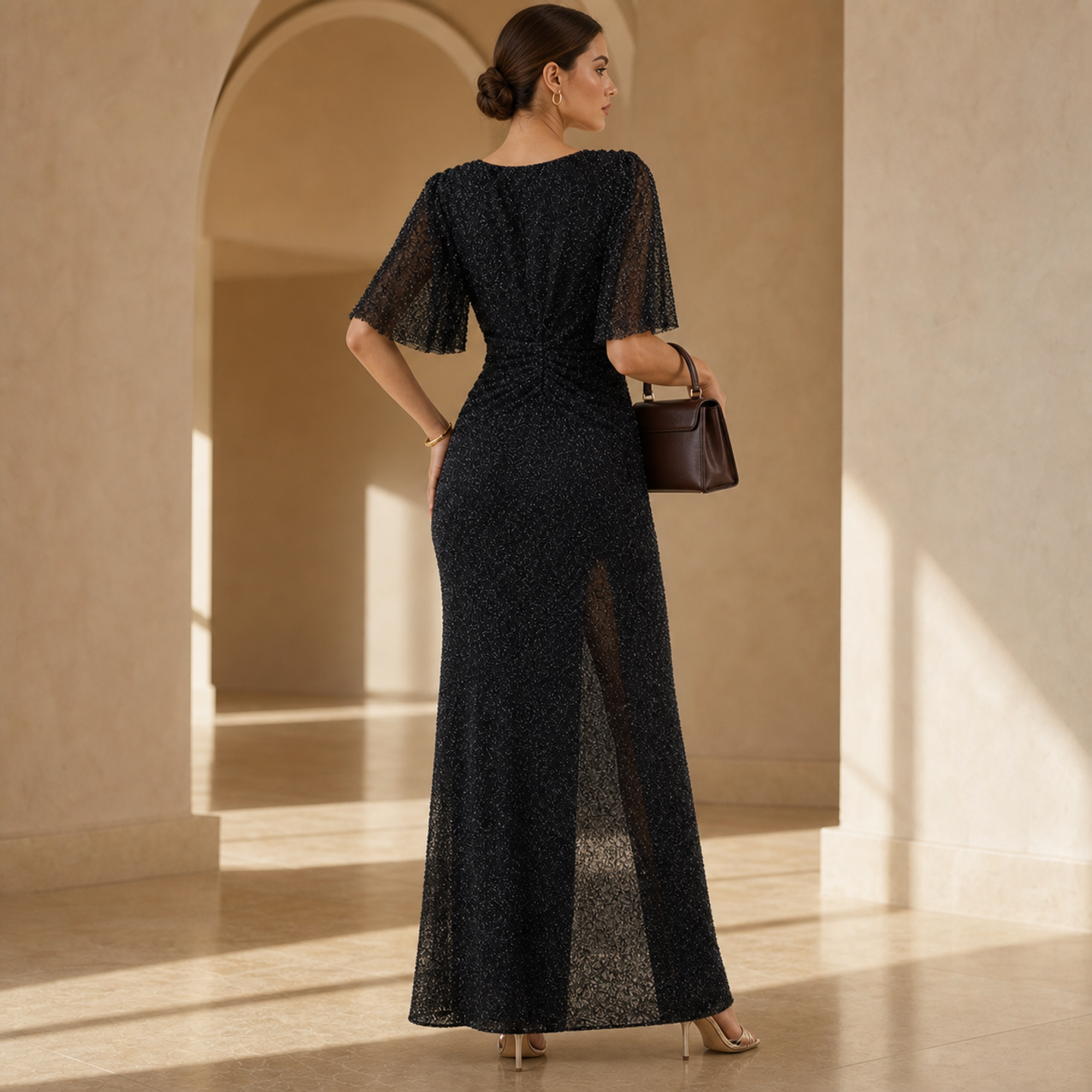 Lord & Taylor Heritage Maxi Gown, Black with Flutter Sleeves — back view
