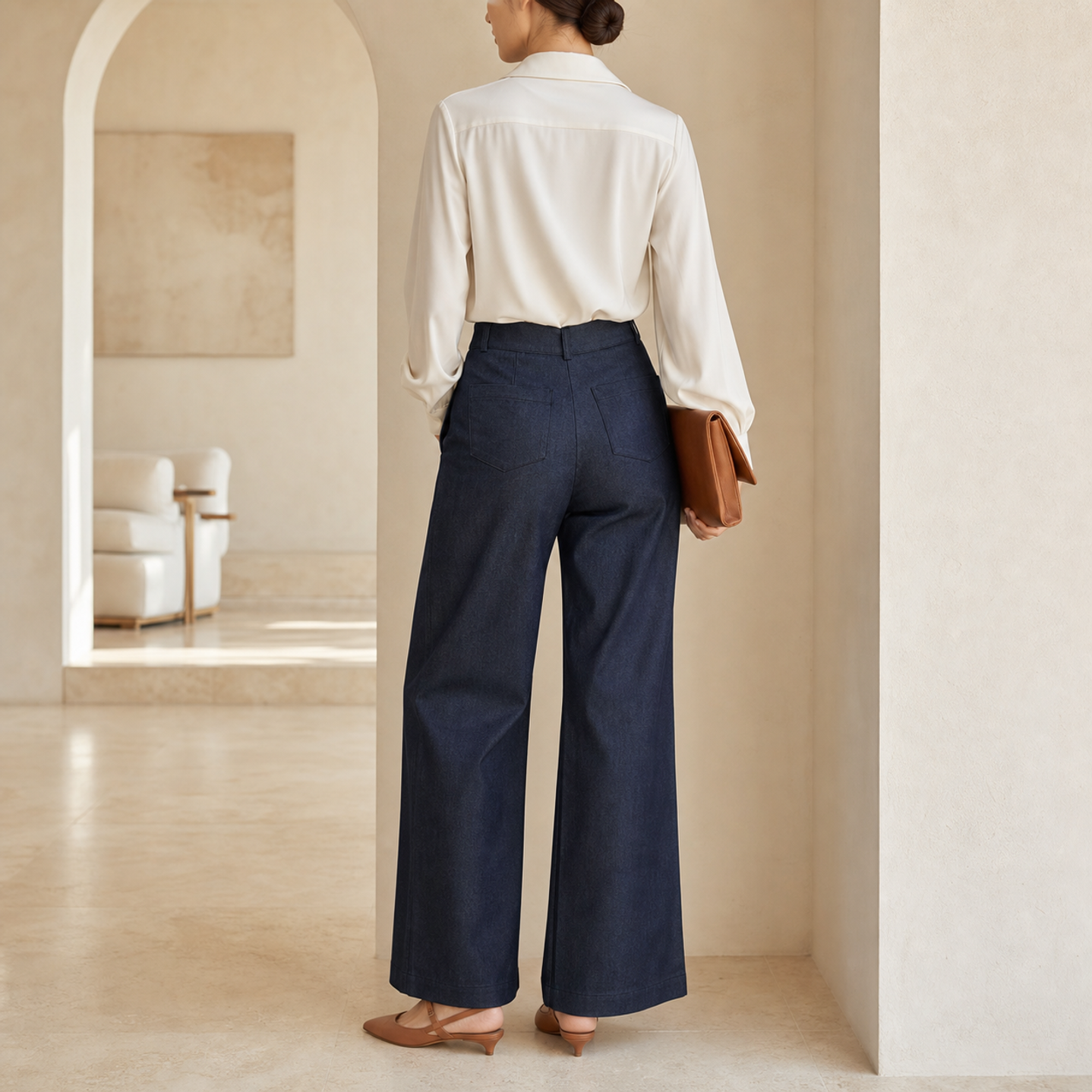 Indigo wide-leg trouser back view showing pressed center creases by Lord & Taylor Heritage