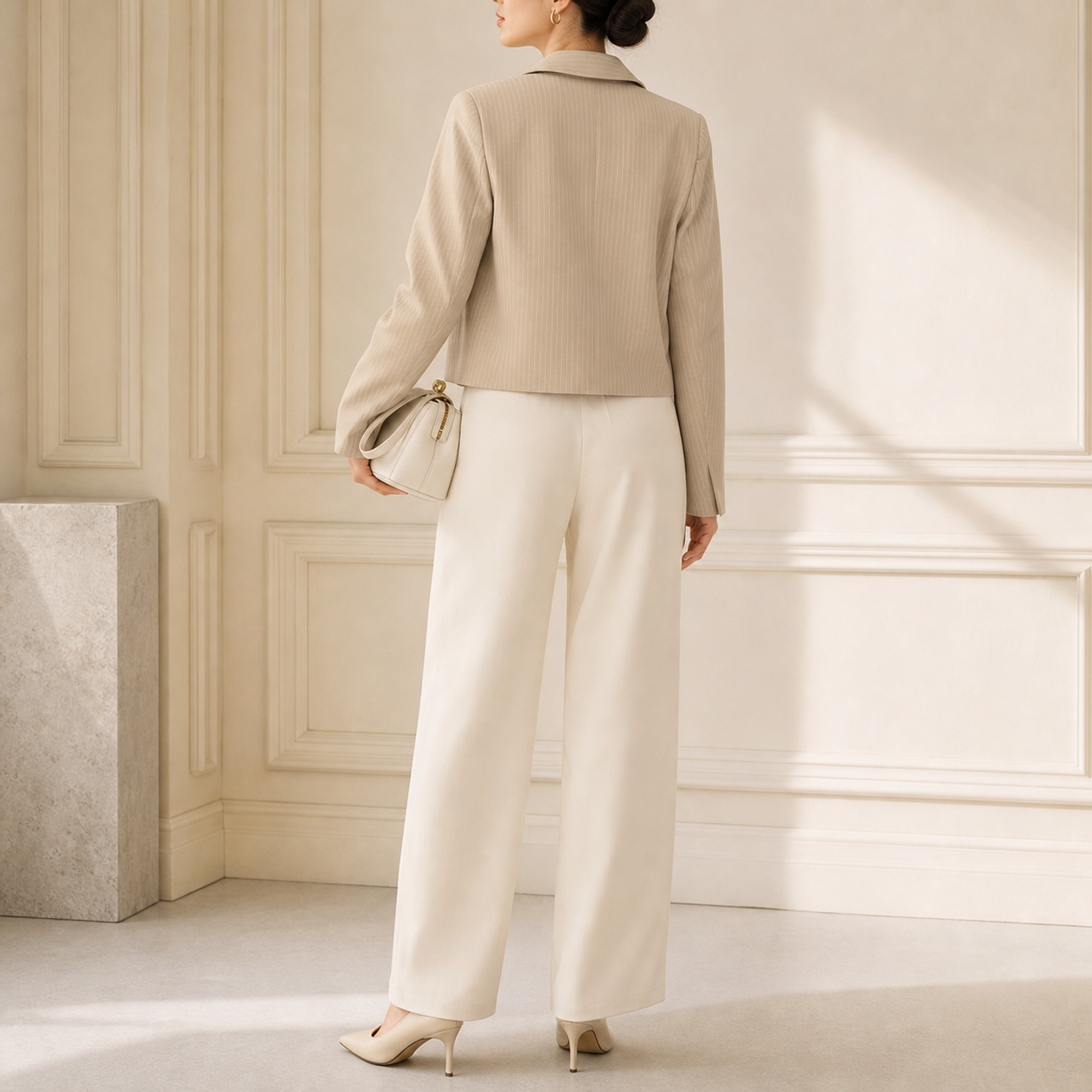 Camel cropped utility jacket back view showing textured ribbed fabric by Lord & Taylor Heritage