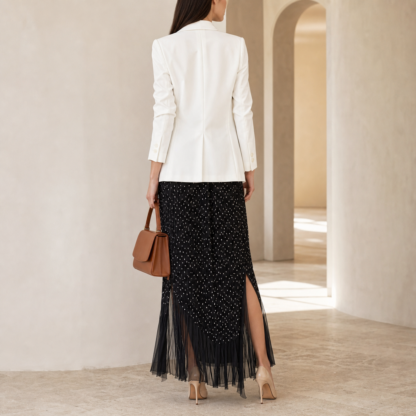 Black polka dot pleated maxi skirt back view showing tulle fringe hem by Lord & Taylor Heritage