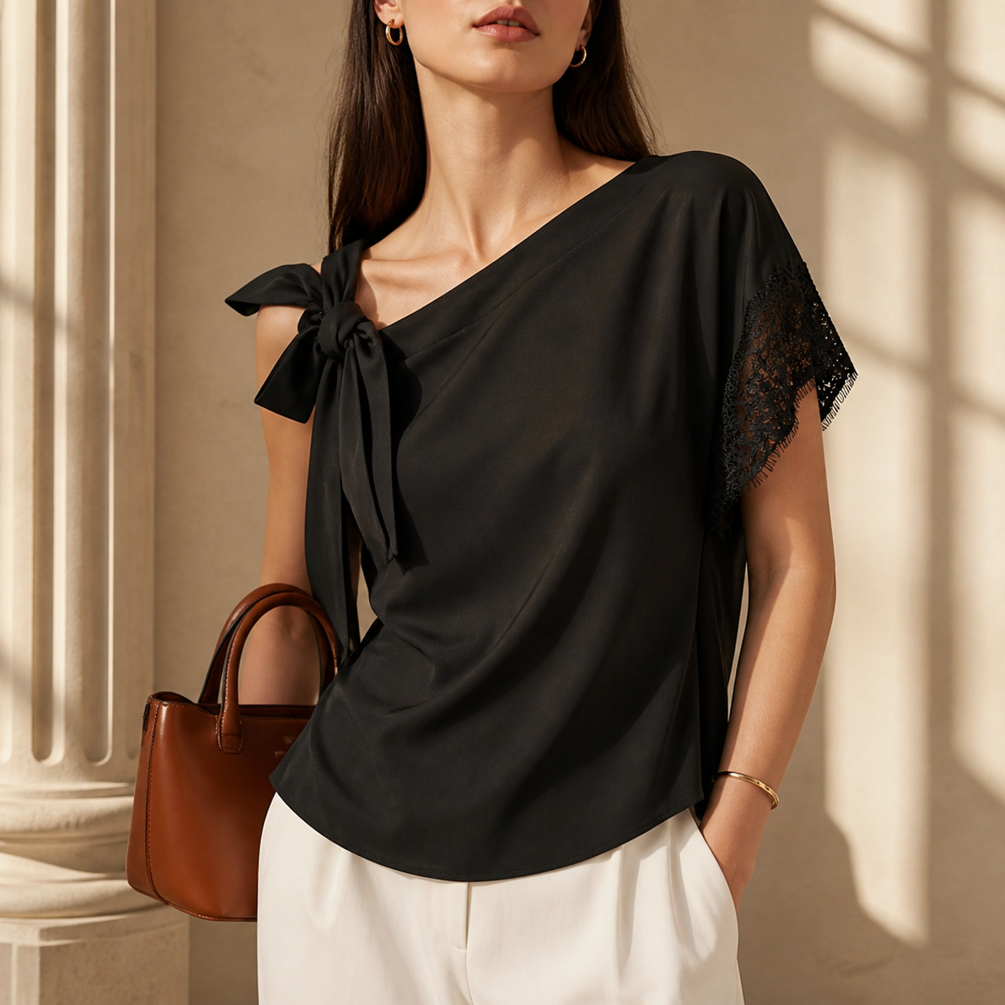 Black one-shoulder top showing asymmetric neckline and tie detail, close-up front
