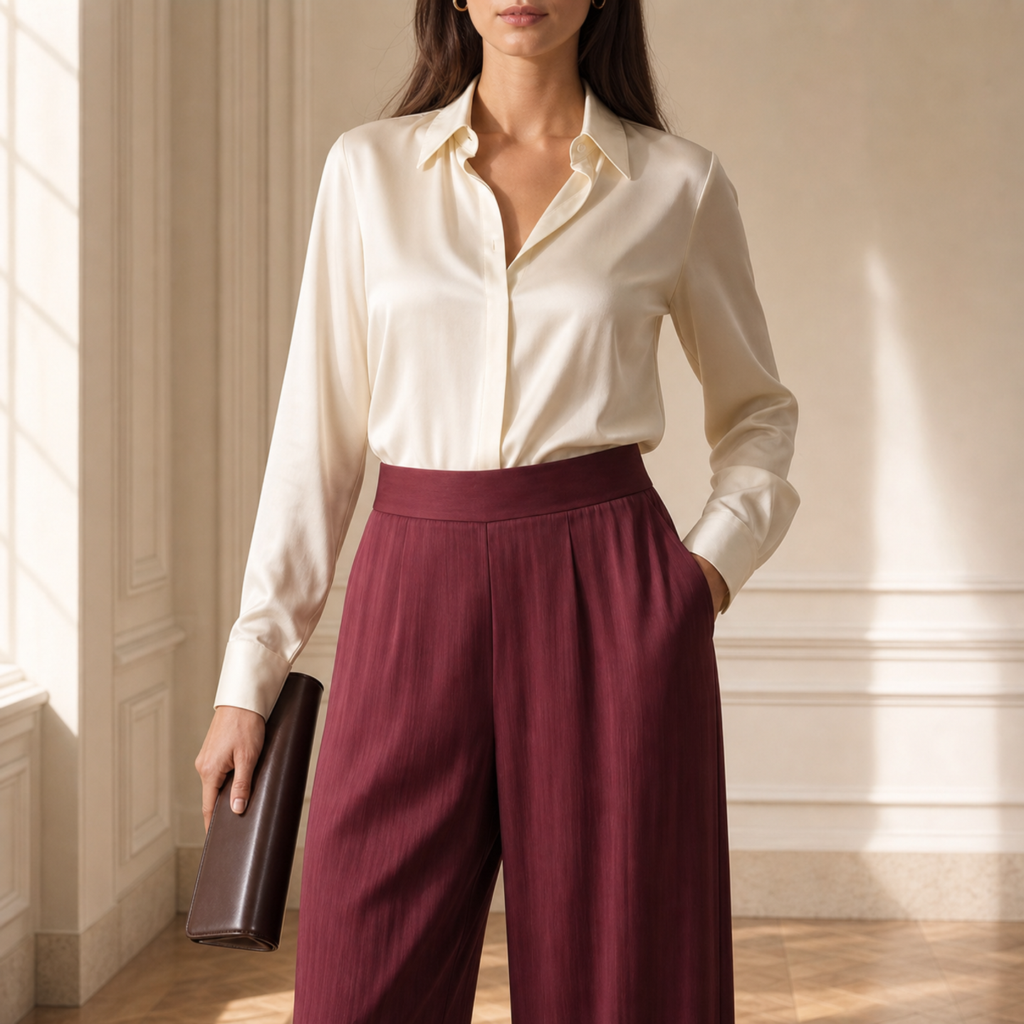 Burgundy satin trousers high waistband and front construction detail by Lord & Taylor Heritage