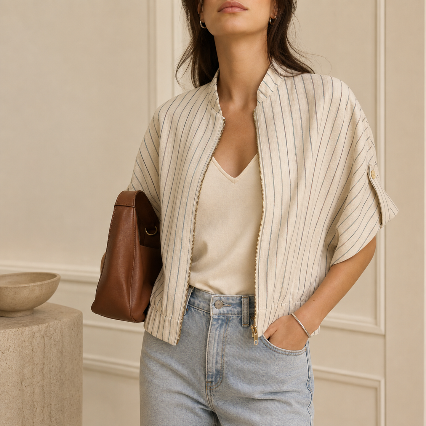 Beige pinstripe linen-blend bomber jacket, close-up of kimono sleeve detail by Lord & Taylor Heritage