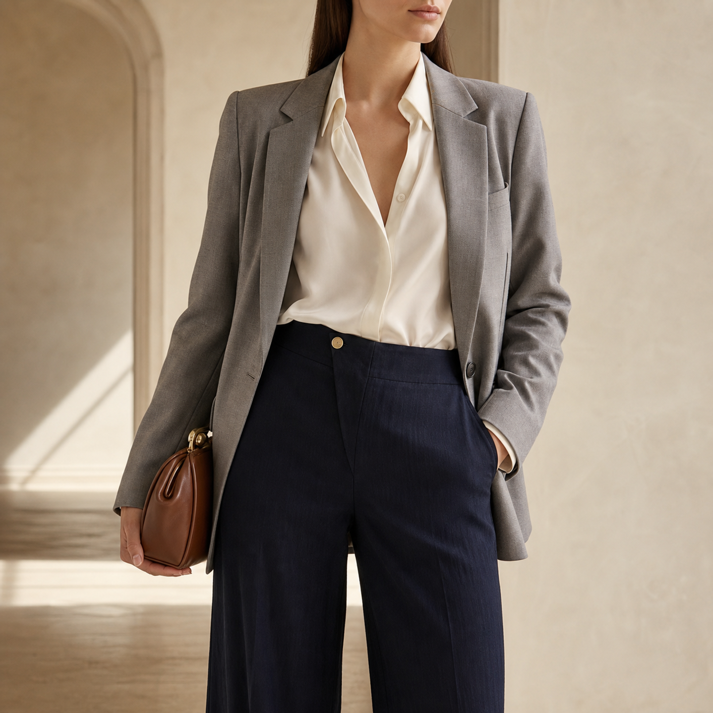 Navy high-waisted wide-leg trousers on model, full-length view by Lord & Taylor Heritage