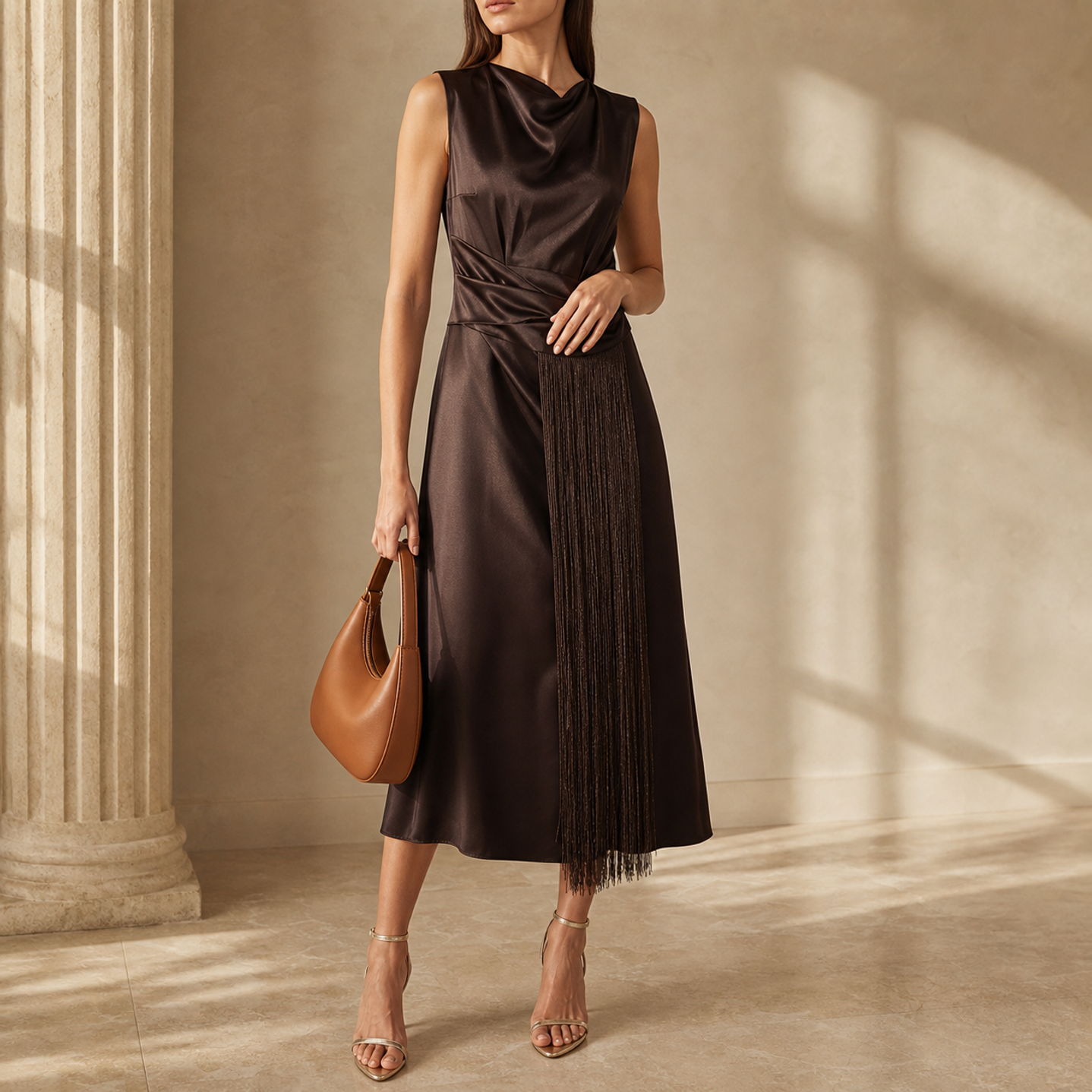 Espresso satin maxi dress front detail showing rounded neckline and ruched waist by Lord & Taylor Heritage