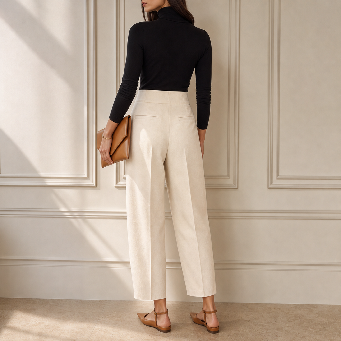 No belt loop line in front Lord & Taylor Heritage Barrel-Leg Trousers, Cream — front detail