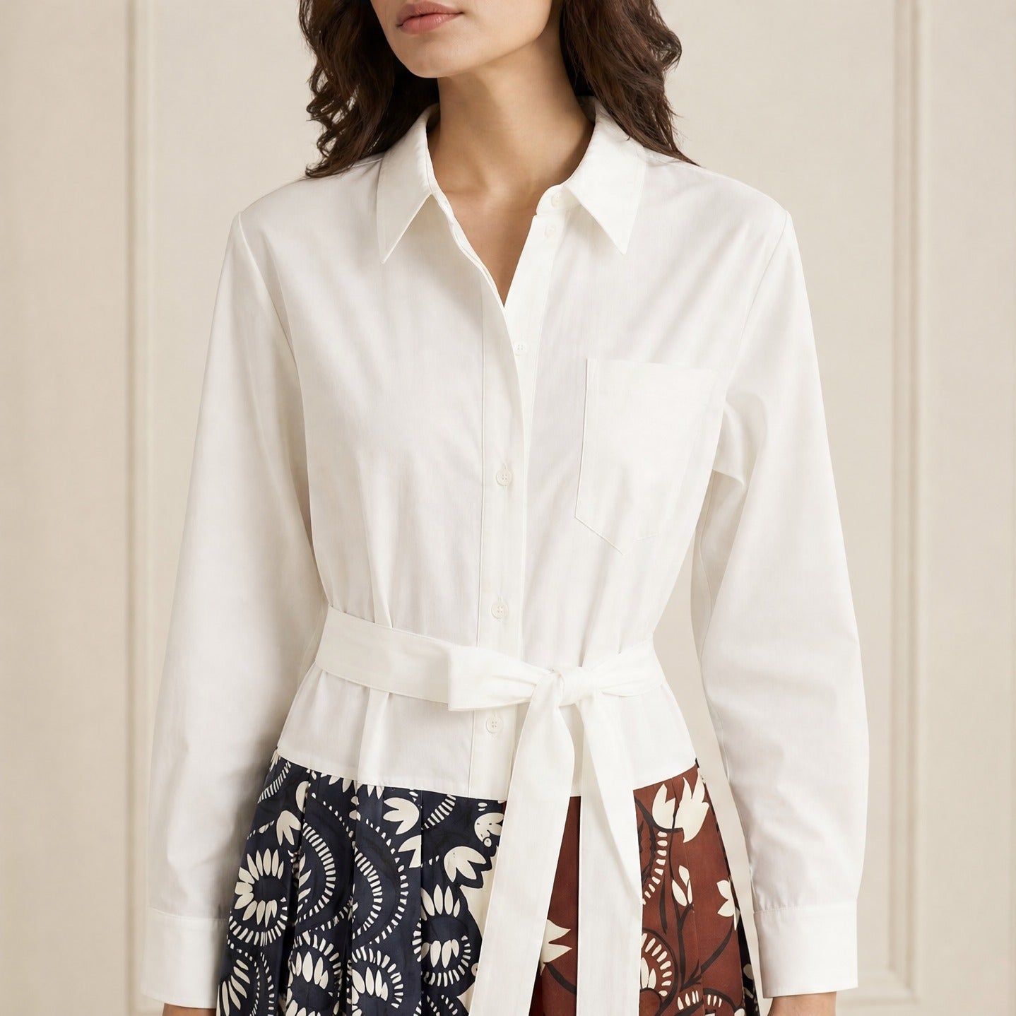 White maxi dress shirt collar and tie detail close-up by WEEKEND MAX MARA
