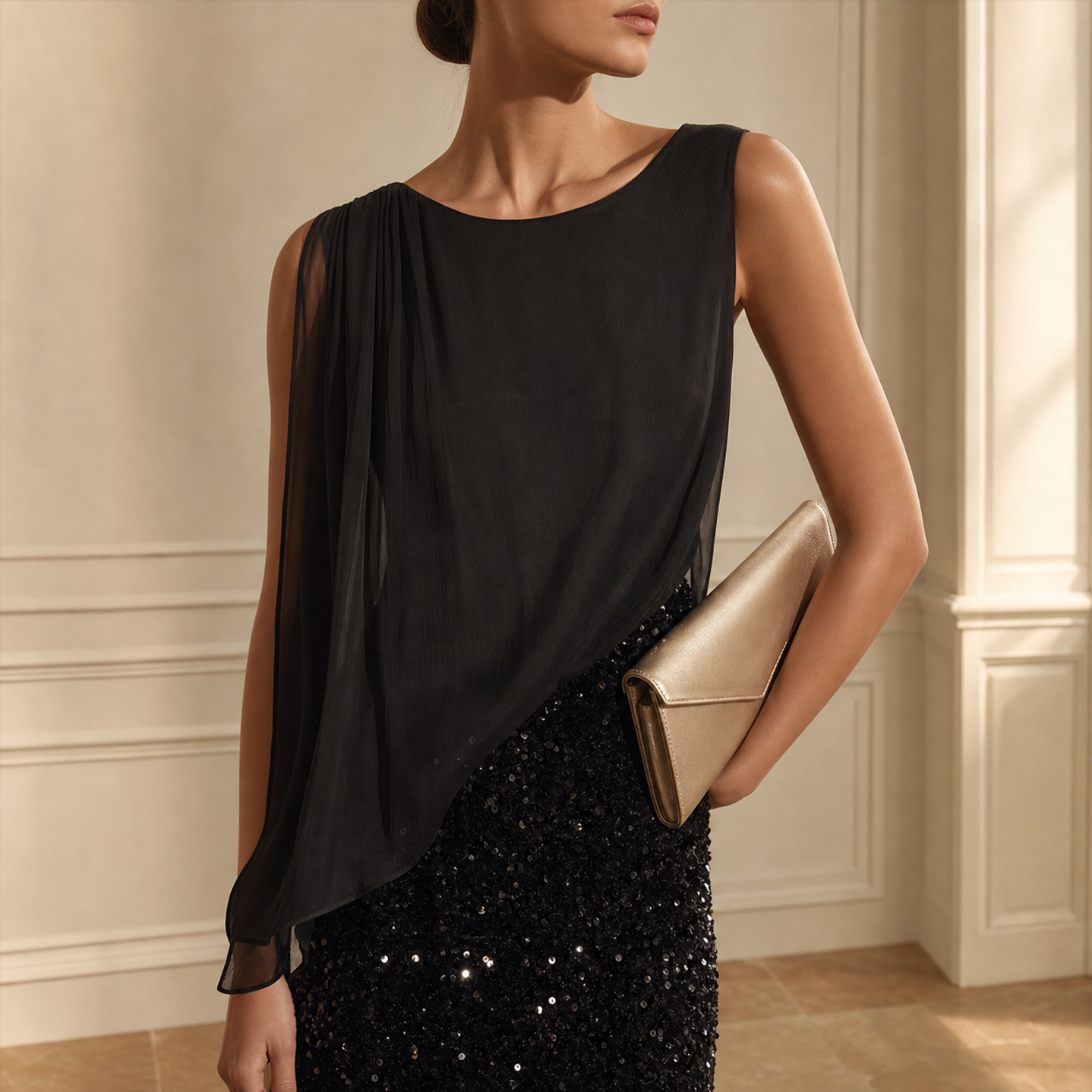 Black sequin sheath dress with asymmetric chiffon drape, front bodice detail