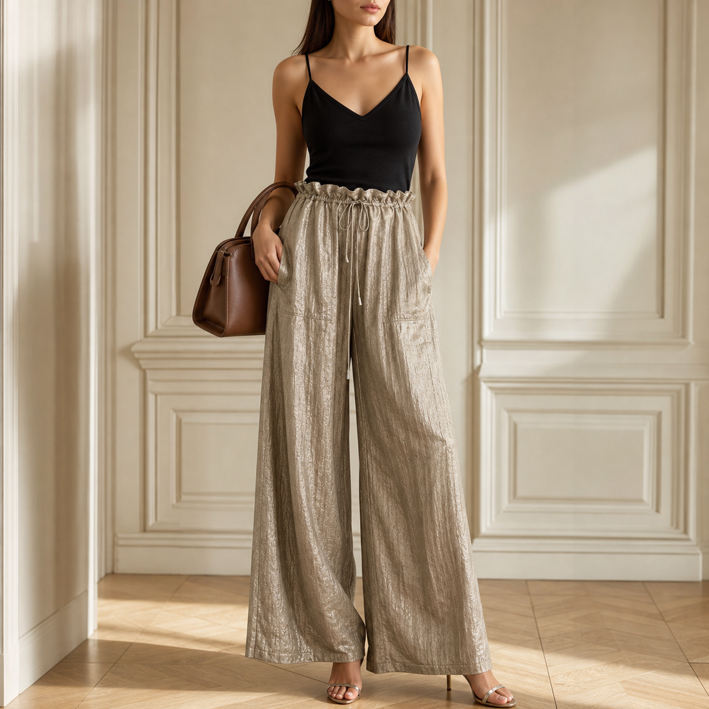Mink wide-leg trousers gathered paperbag waist detail with drawstring, close-up front