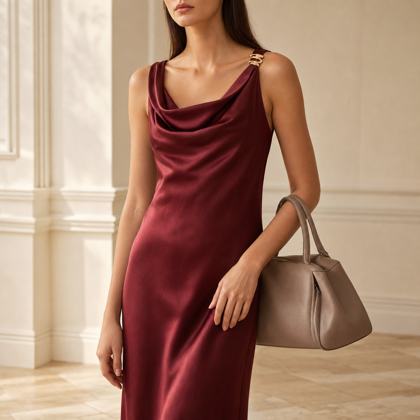 Burgundy satin slip dress front detail showing cowl neckline and gold-tone hardware