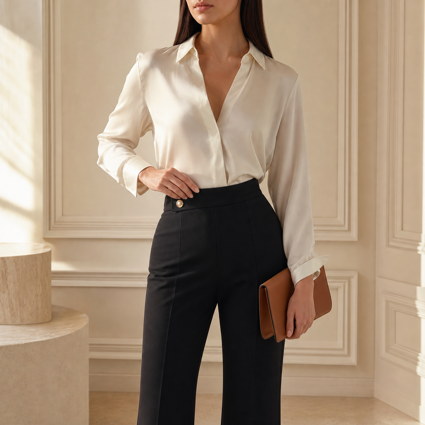 description needed and ghost image of pants 42827-Black-Bottom Lord & Taylor Heritage High-Waisted Tailored Wide-Leg Trousers in Black — front detail