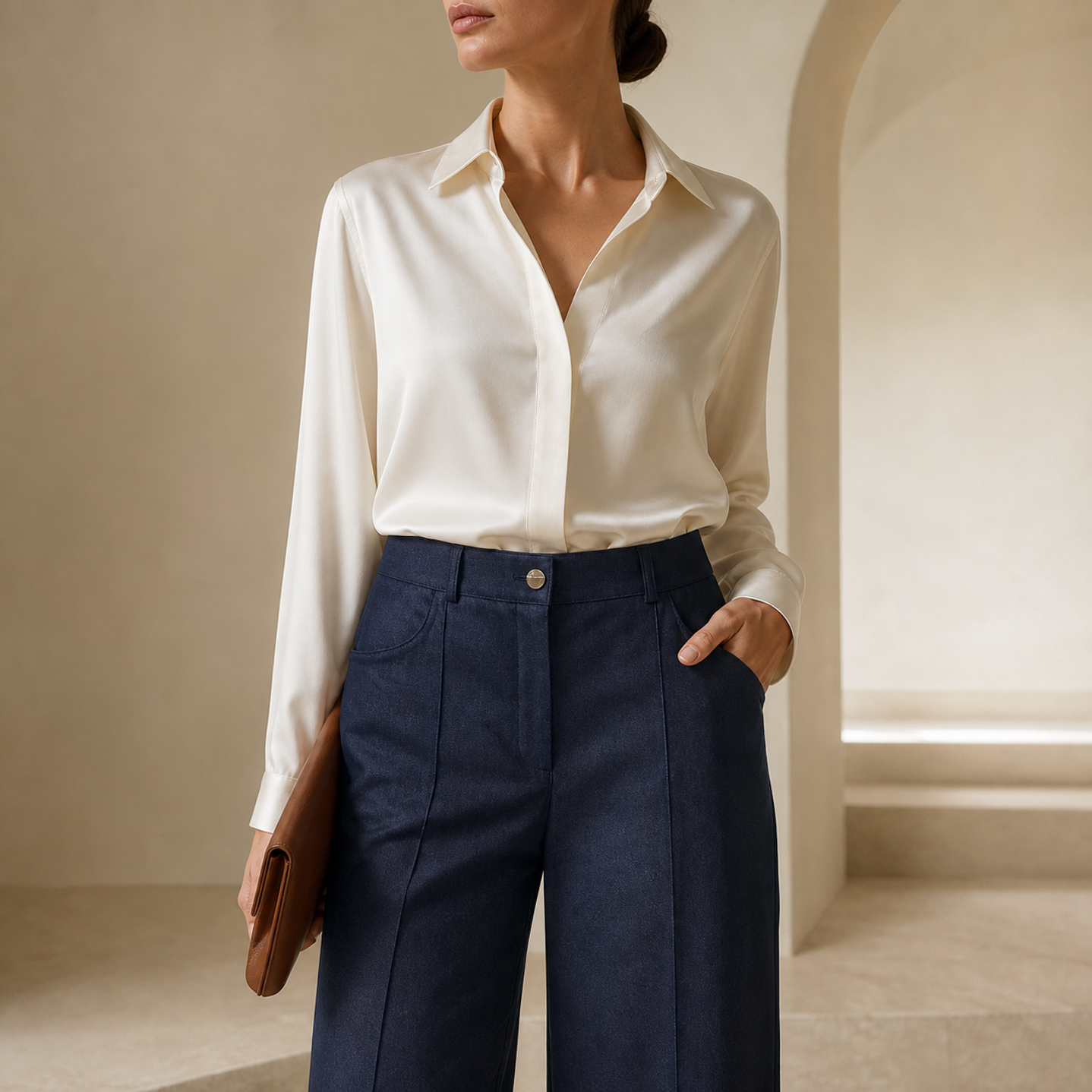 Indigo trouser front detail showing high-rise waist and single-button closure by Lord & Taylor Heritage