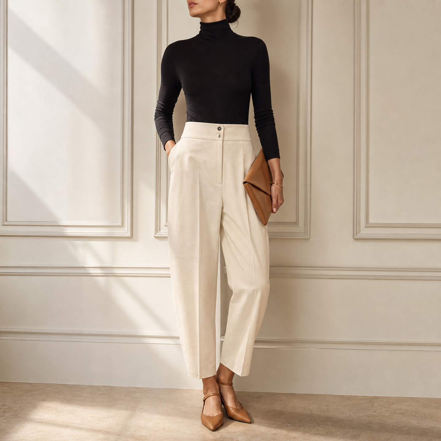 No belt loop line in front Lord & Taylor Heritage Barrel-Leg Trousers, Cream — front detail