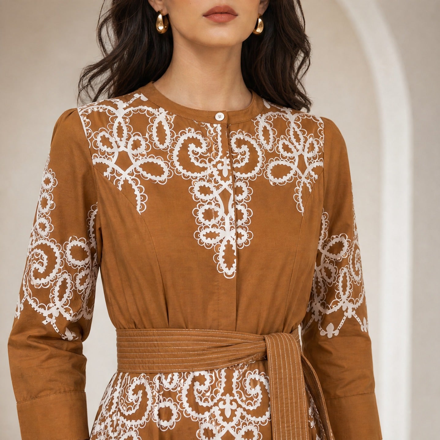 Embroidered silk dress front detail showing Medina pattern by Beyond by Vera