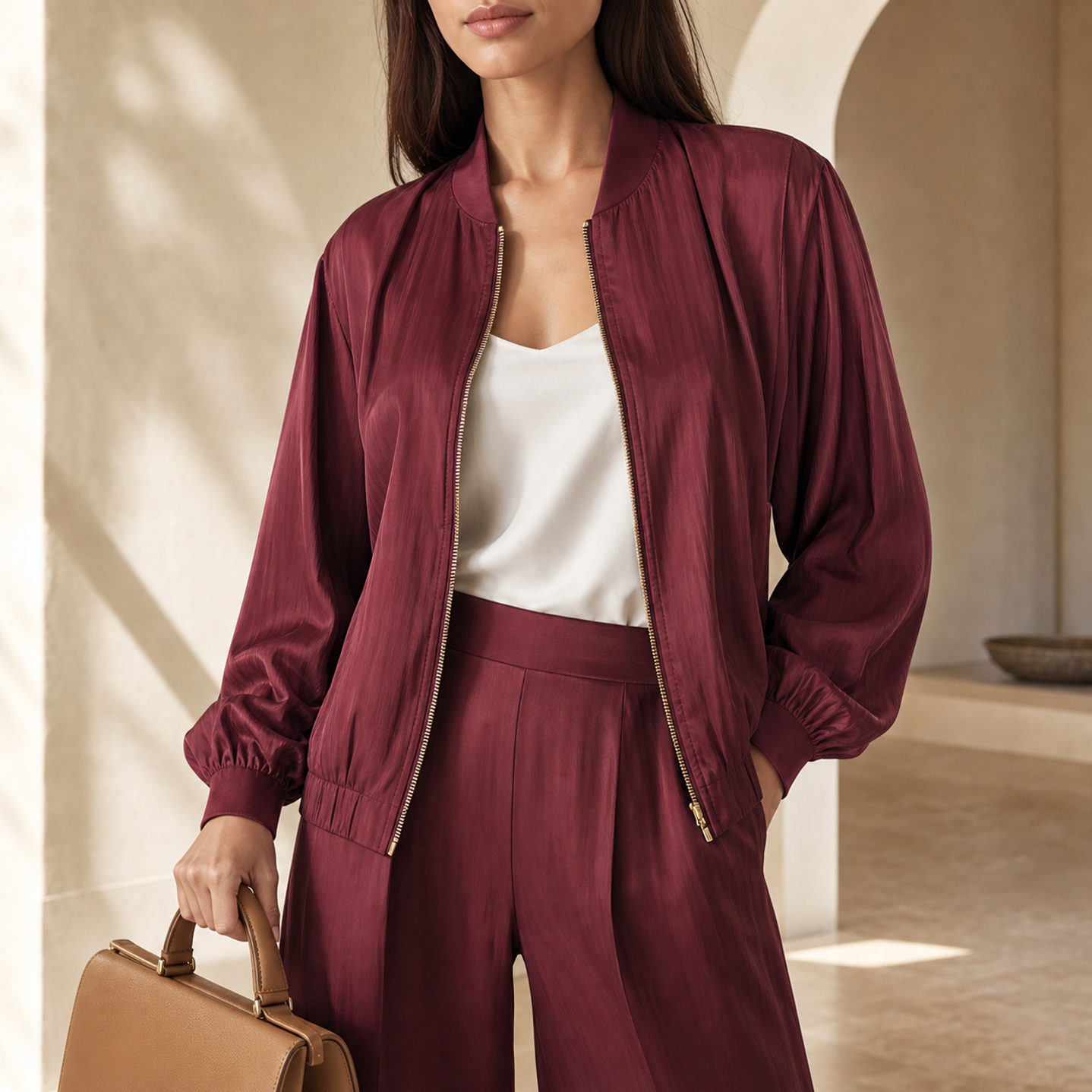 Burgundy satin bomber jacket gold zip front and ribbed collar detail by Lord & Taylor Heritage