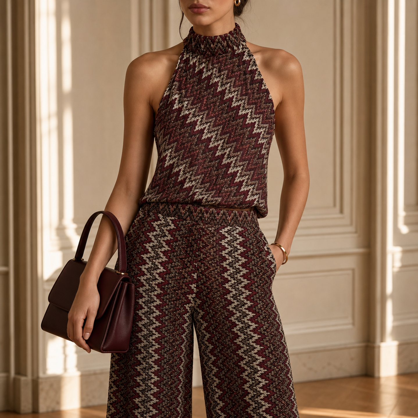 Metallic chevron knit halterneck bodice detail in burgundy, gold, and cream by Lord & Taylor Heritage