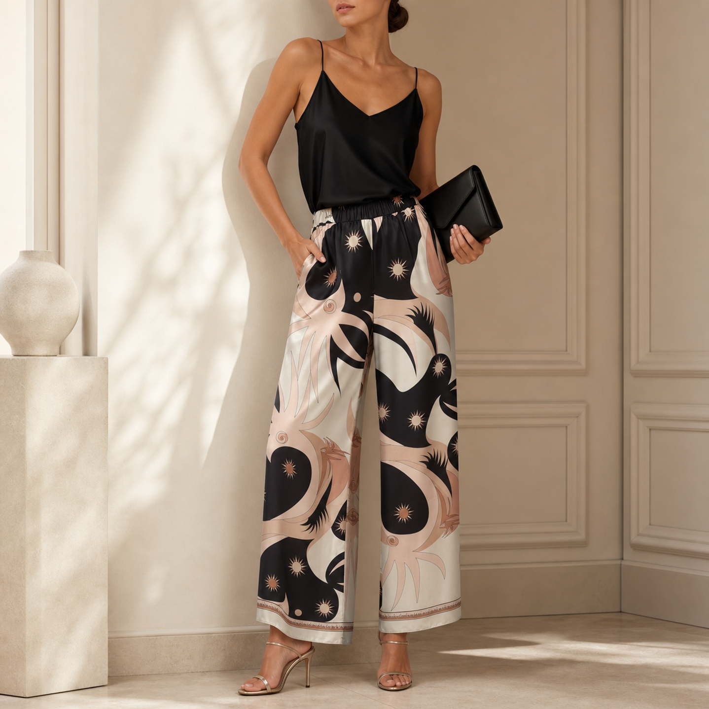 Elasticated waist and side pocket detail on black multi palazzo trousers by Lord & Taylor Heritage