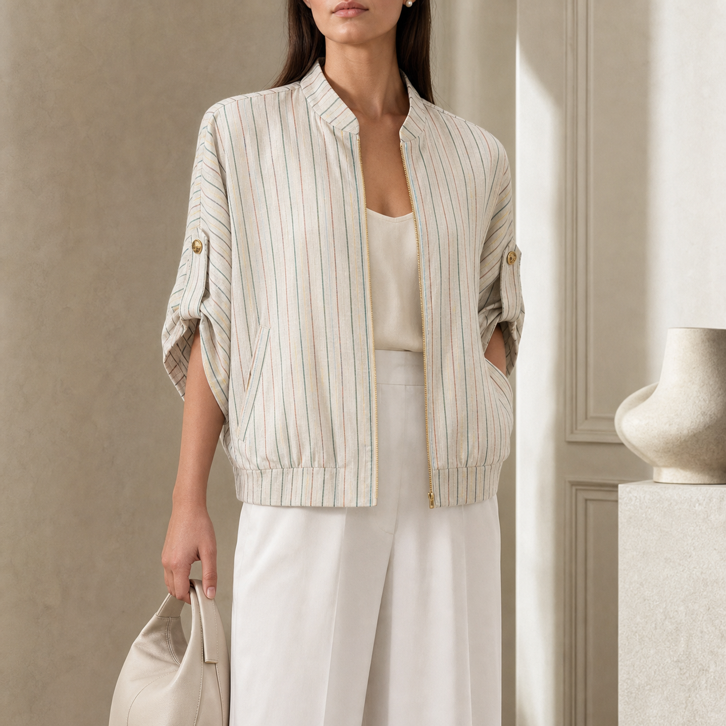 Beige pinstripe linen-blend bomber jacket, front detail with gold zipper by Lord & Taylor Heritage