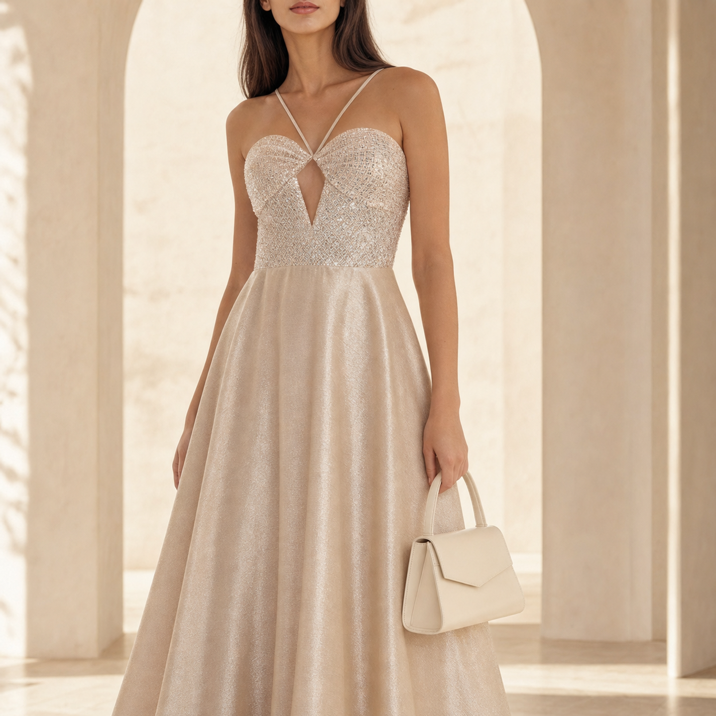 Beaded bodice detail with sequin embellishment and keyhole neckline, close-up front