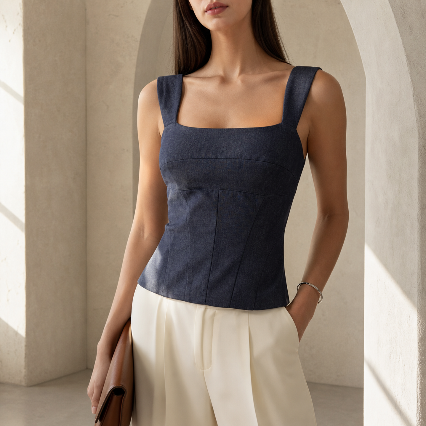 Navy peplum top front detail showing square neckline and princess seaming by Lord & Taylor Heritage