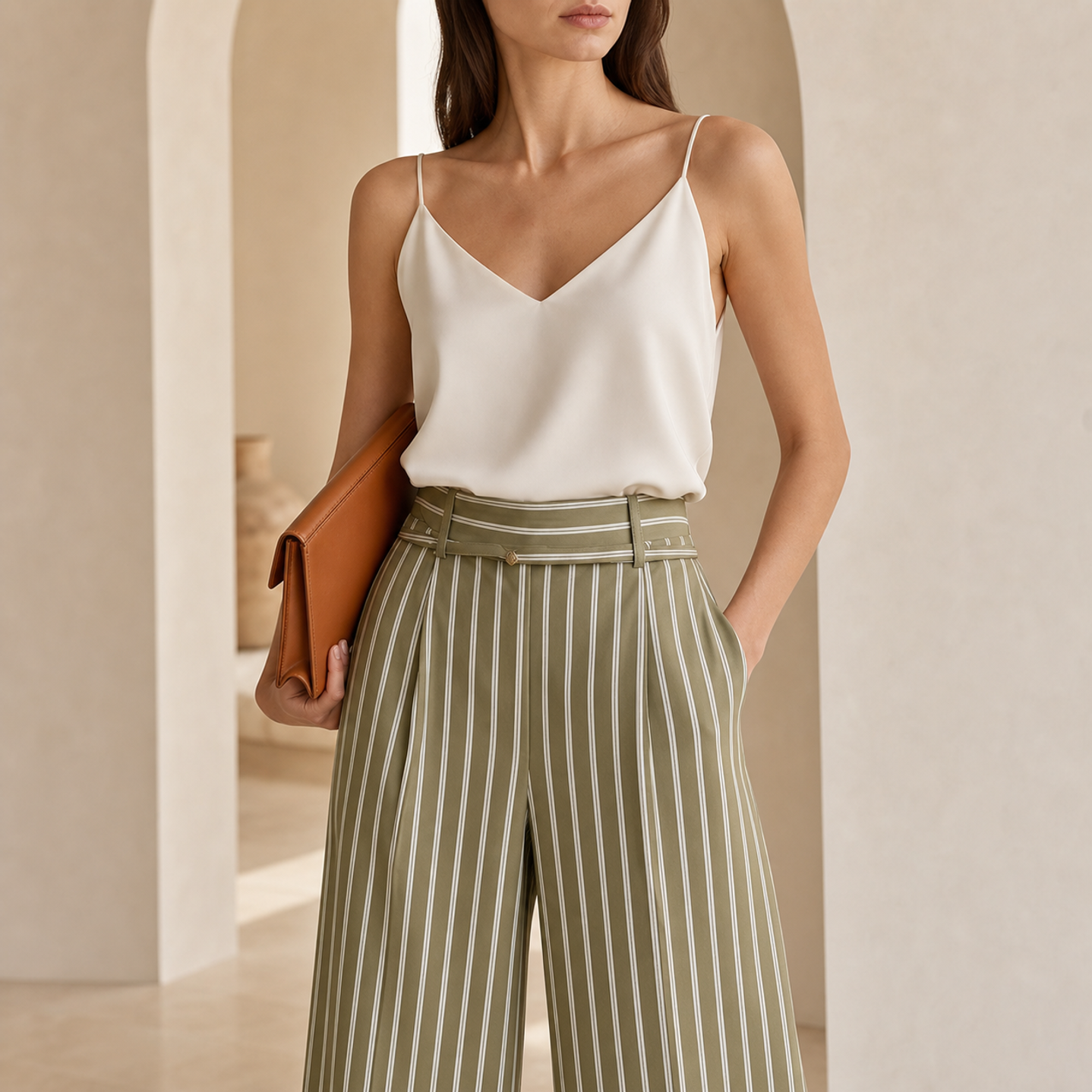 Olive striped trousers front detail showing high-rise waist and pleats by Lord & Taylor Heritage