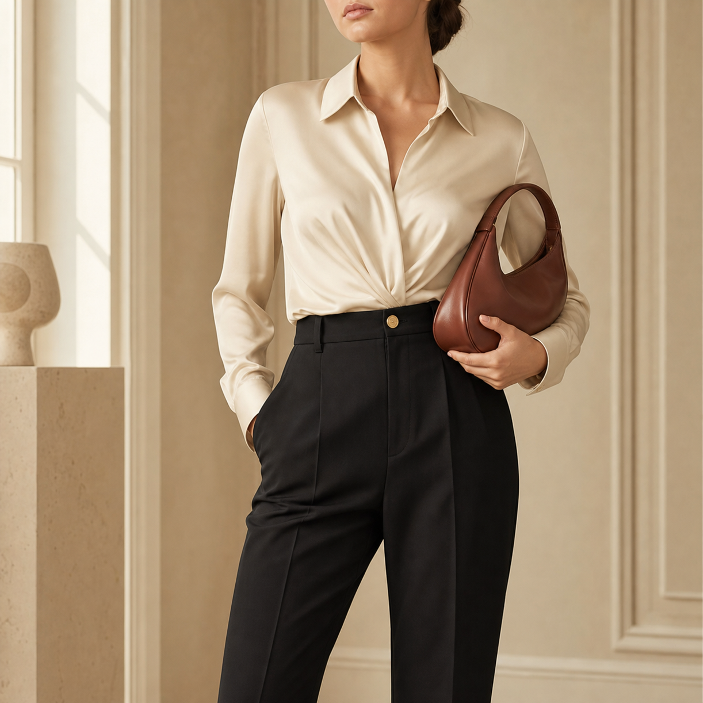 Black trousers front detail showing gold-tone button closure and pressed center crease by Lord & Taylor Heritage