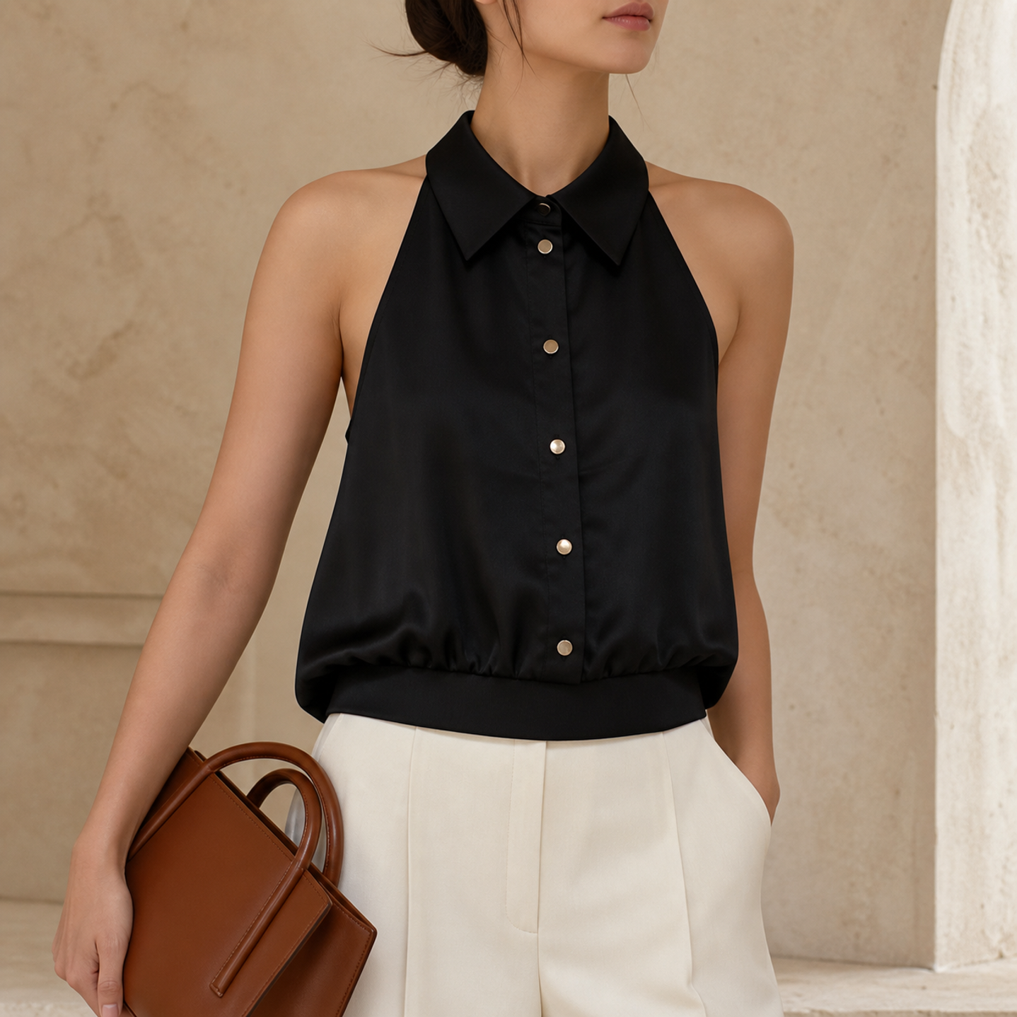 Black satin halter shirt front detail showing point collar and button placket
