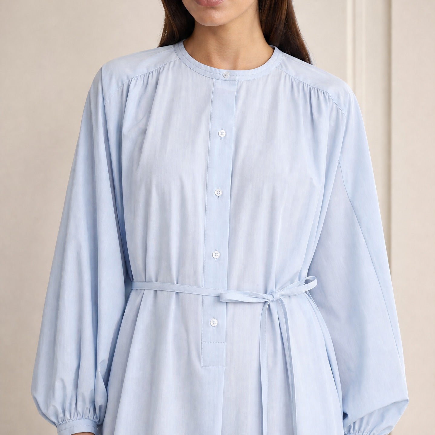 Light blue cotton poplin dress by LOULOU, stand collar and button placket detail