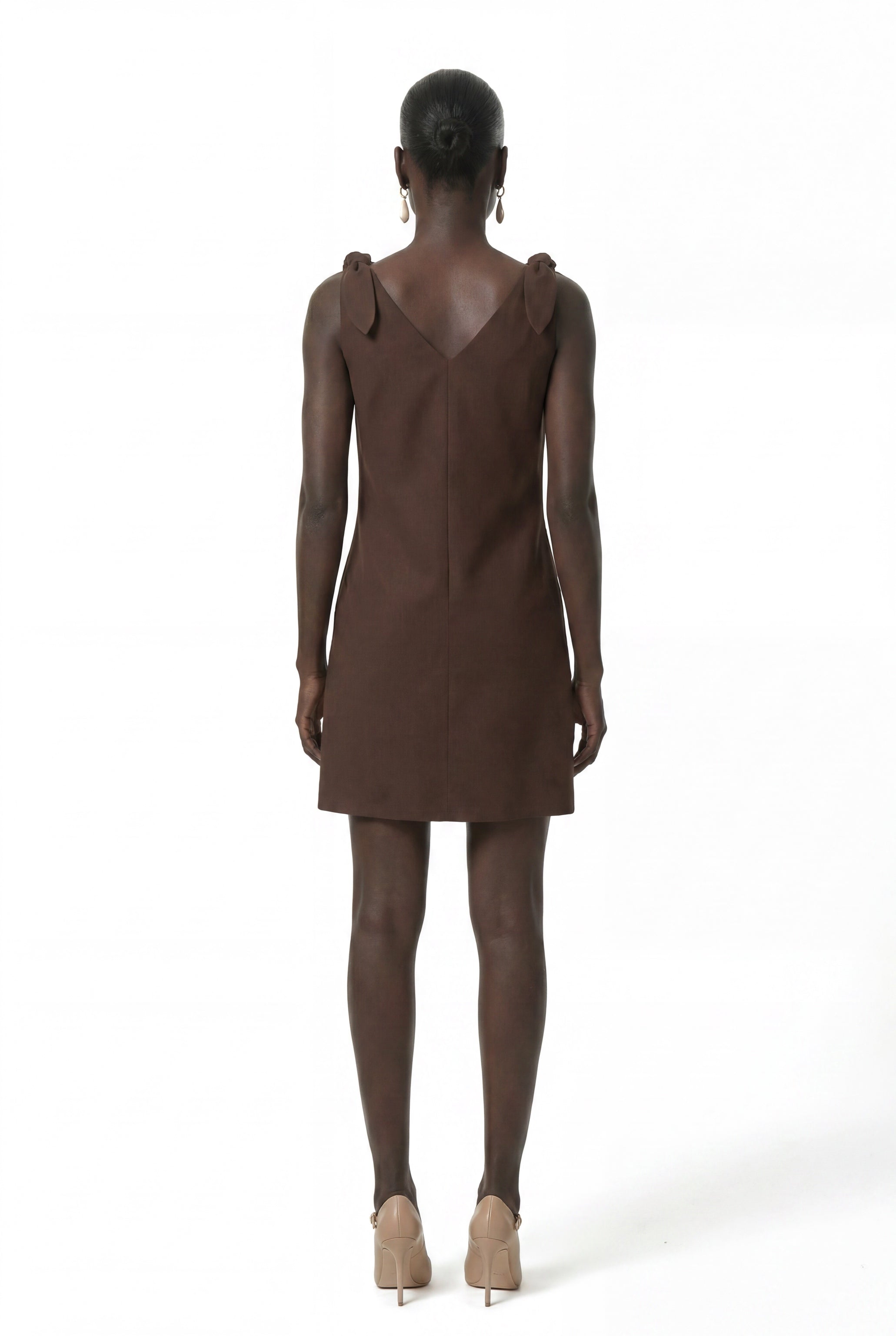 Chocolate brown shift dress bow shoulder strap construction by Lord & Taylor Heritage, close-up