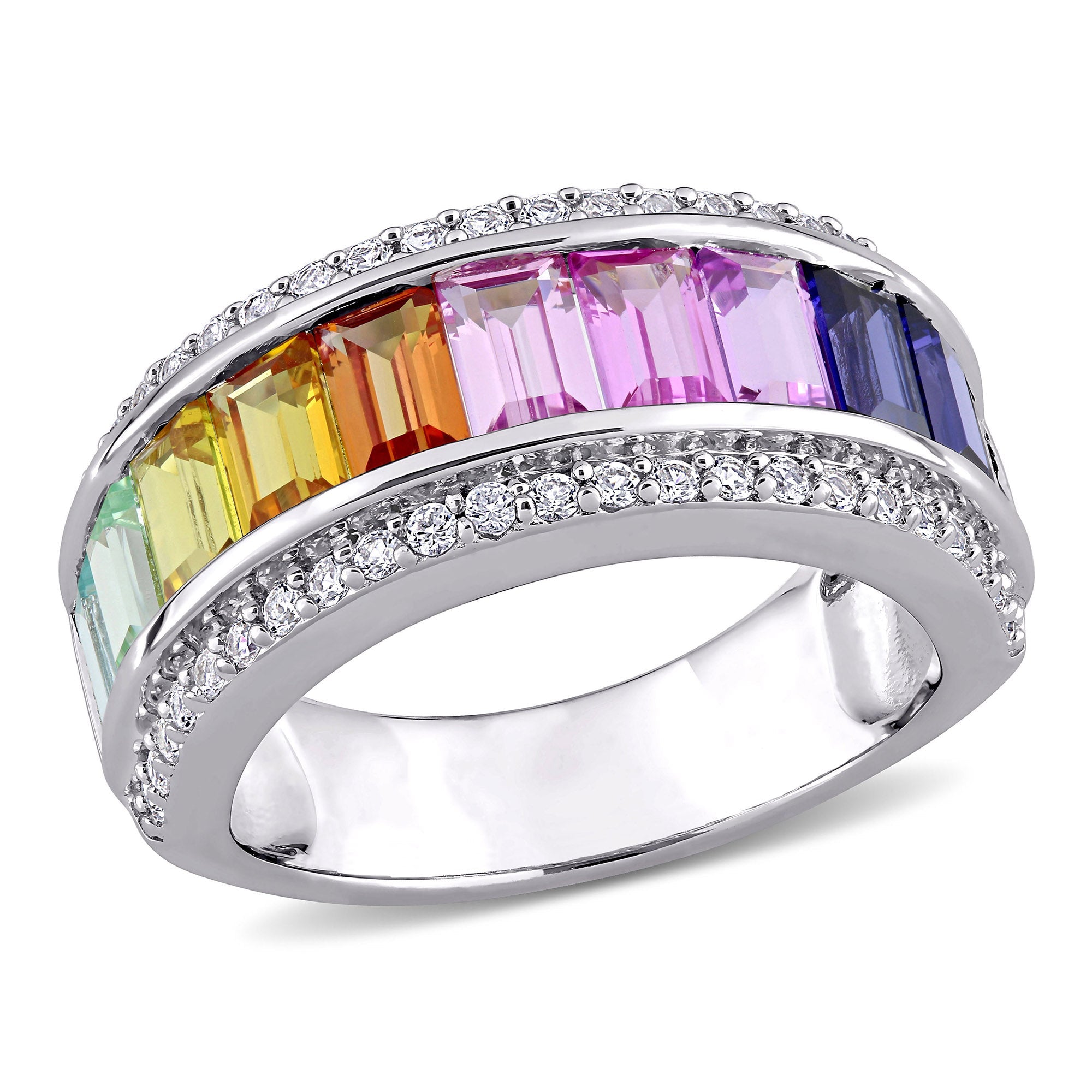 Multicolor created sapphire eternity ring in sterling silver, top view by Lord & Taylor