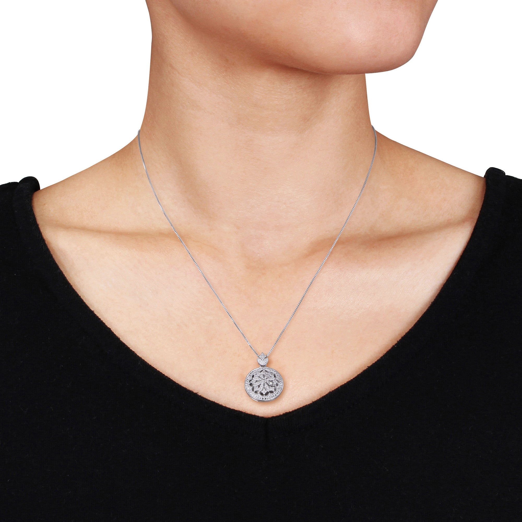 Sterling silver diamond locket pendant necklace by Lord & Taylor, side angle view