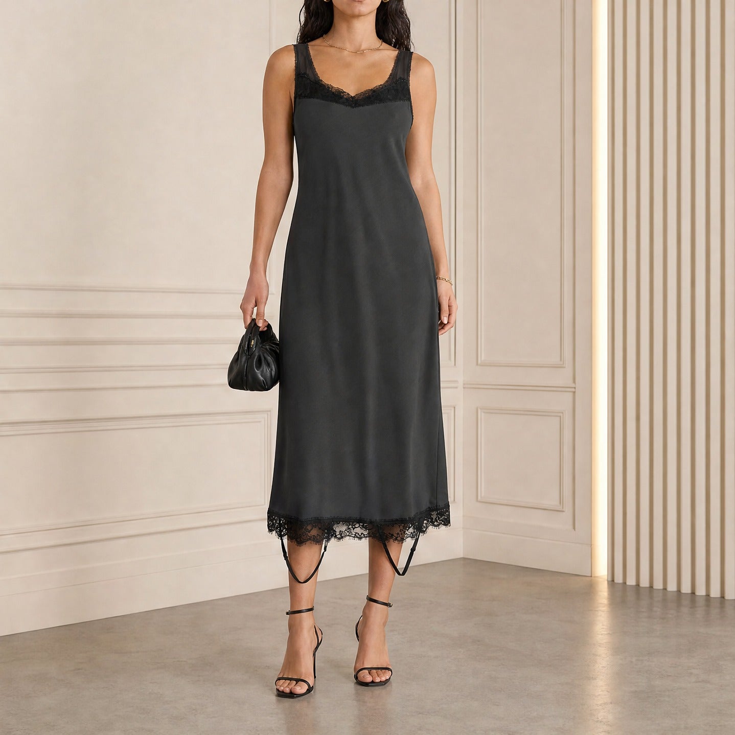 Grey MM6 Maison Margiela midi slip dress, full body front view