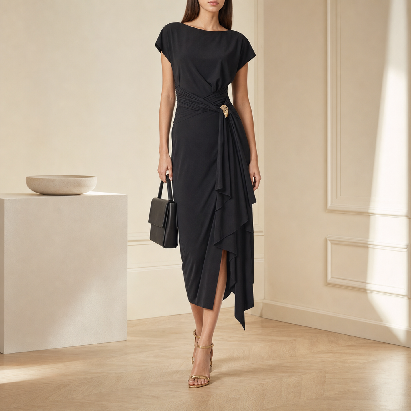Black midi dress with draped waist by Lord & Taylor Heritage, full-length front view