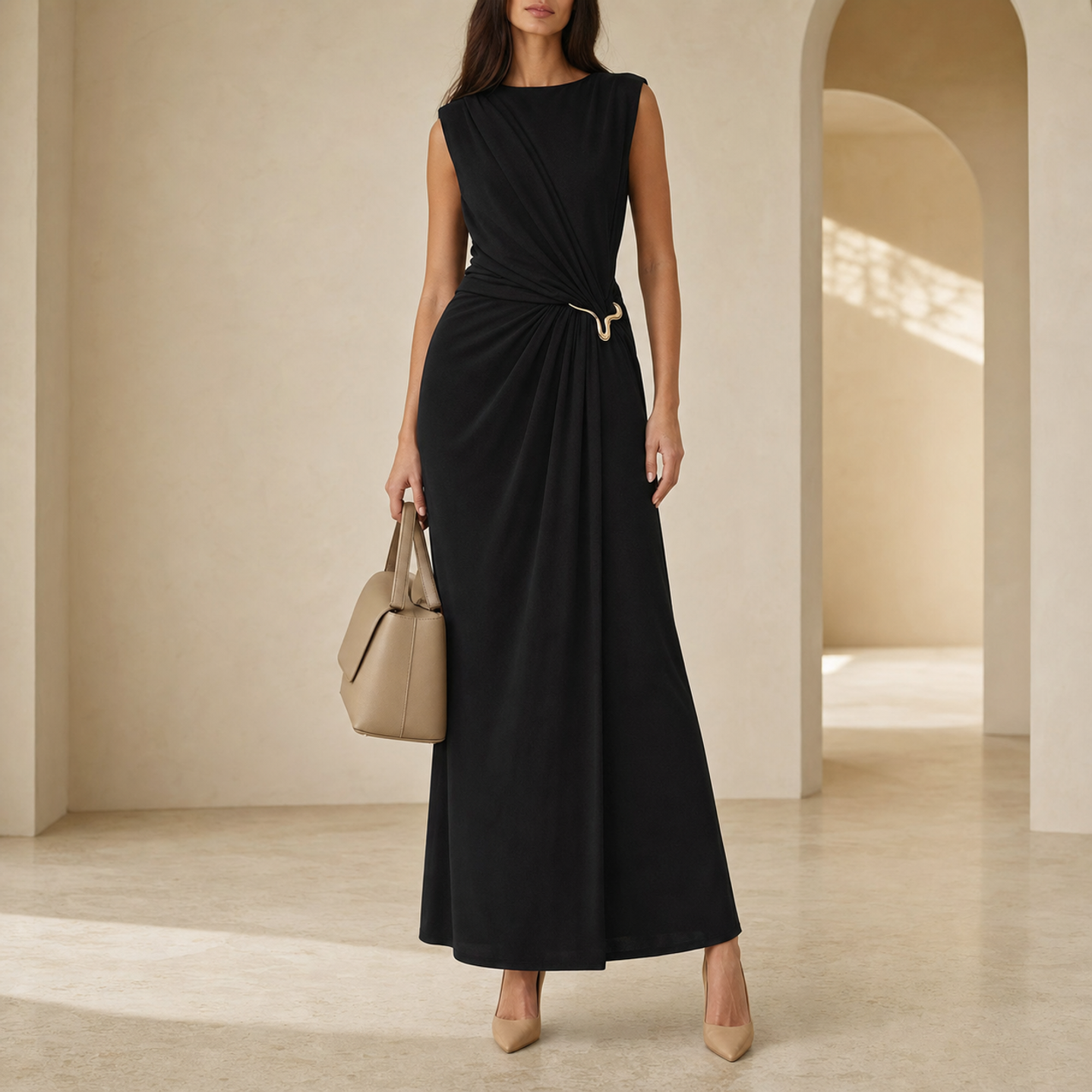 Black draped maxi dress with gold hardware by Lord & Taylor Heritage, full-length front view