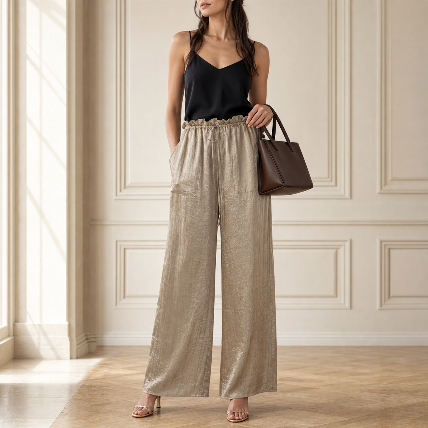 Mink wide-leg trousers with paperbag waist by Lord & Taylor Heritage, full-length front view