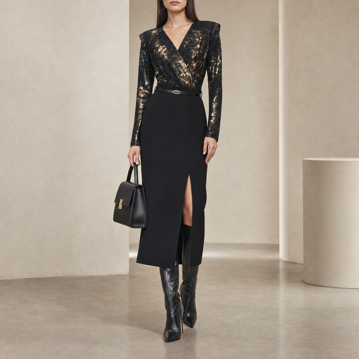 Gold metallic snake print wrap top by Lord & Taylor Heritage, full-length front view on model