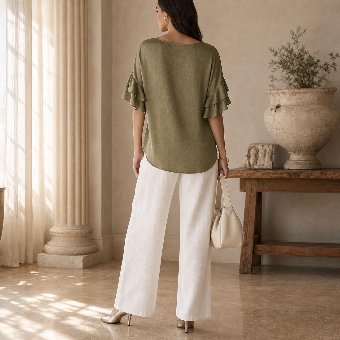 Olive green ruffle-sleeve top by Lord & Taylor Heritage, full-length side view on model