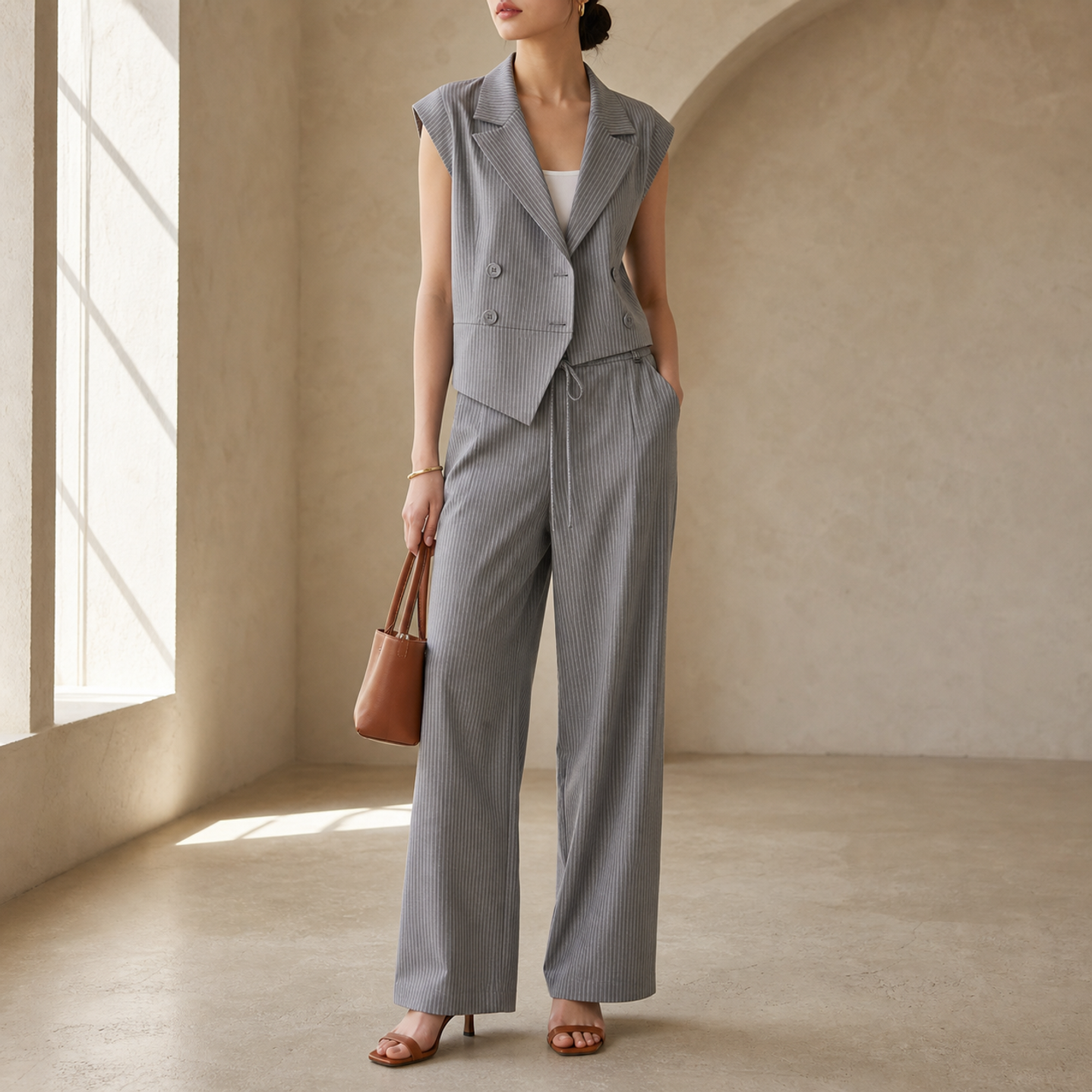 Grey two-piece set on model, full length view by Lord & Taylor Heritage