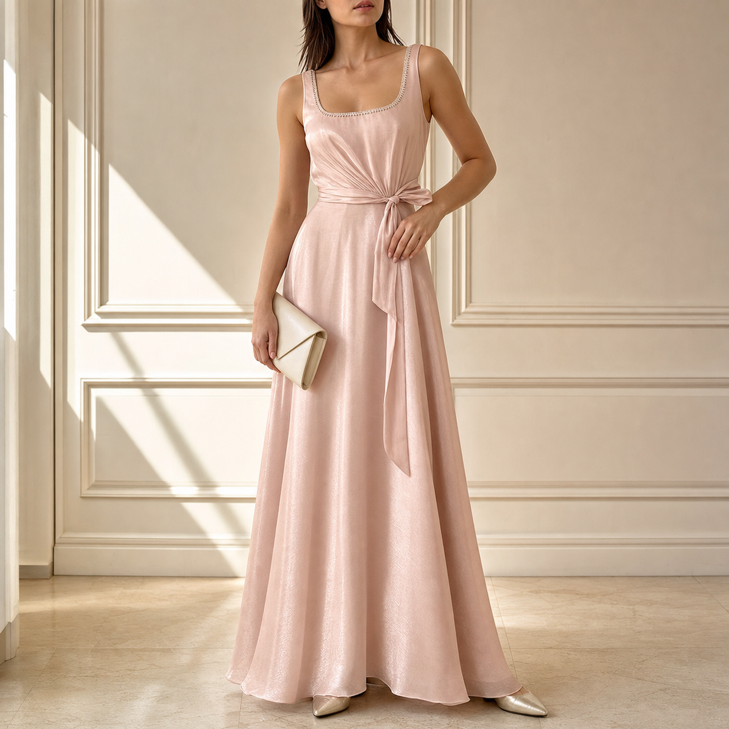 Blush pink satin maxi dress with crystal-trim neckline, full-length front view by Lord & Taylor Heritage