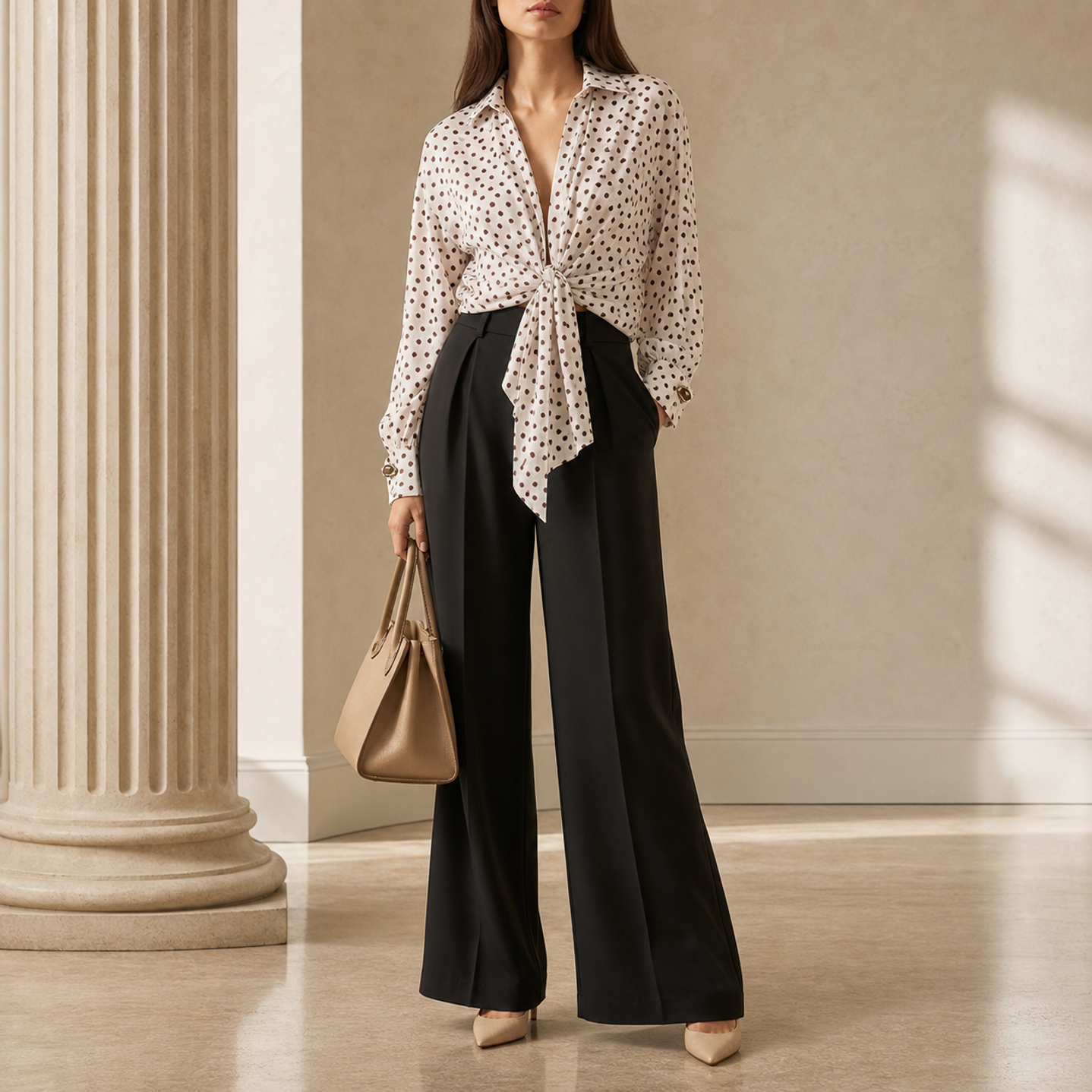 Cream polka dot tie-front shirt by Lord & Taylor Heritage, full-length front view on model