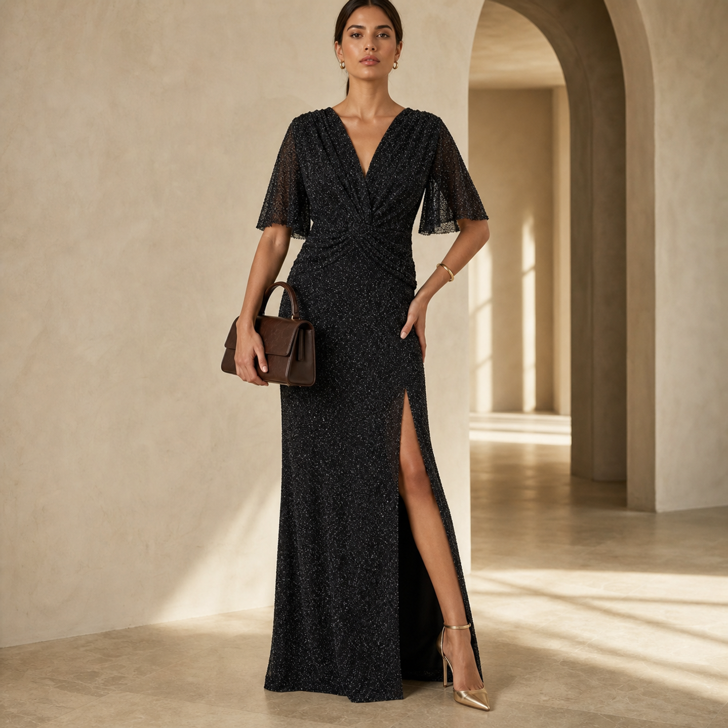 Lord & Taylor Heritage Maxi Gown, Black with Flutter Sleeves — on model, full length