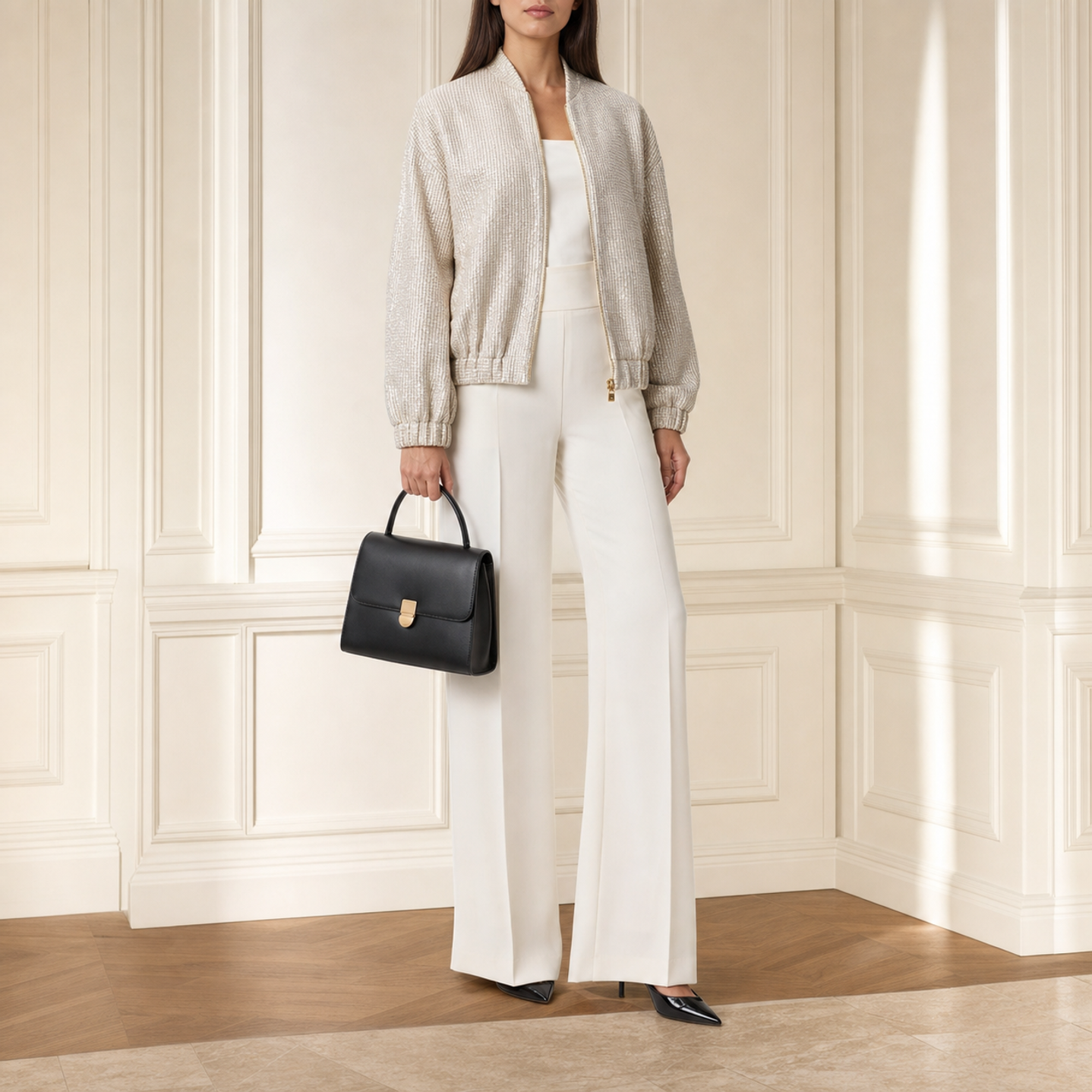 Metallic gold bomber jacket on model, full-length view by Lord & Taylor Heritage