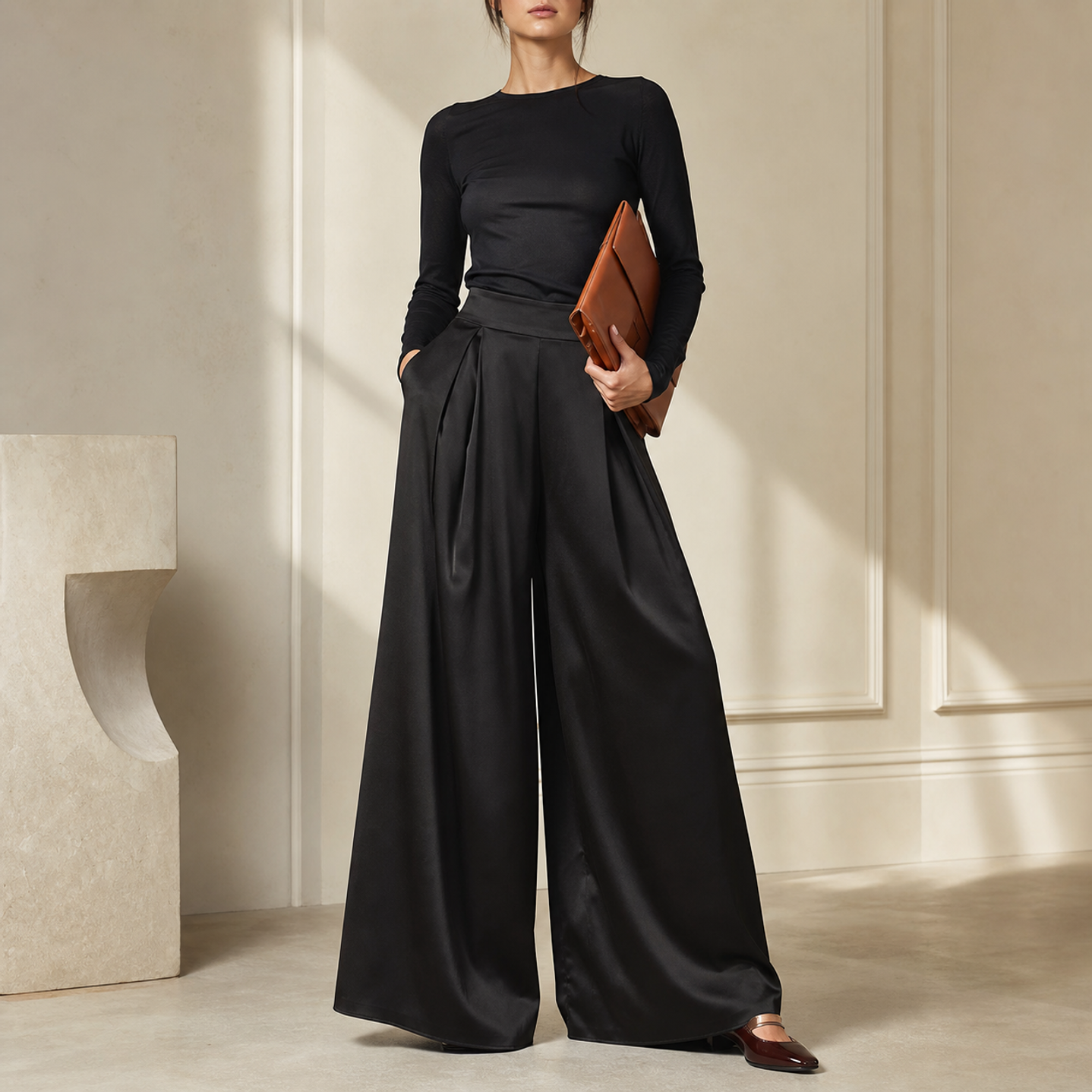 Black satin palazzo trousers with high waist and wide leg by Lord & Taylor Heritage, full length view