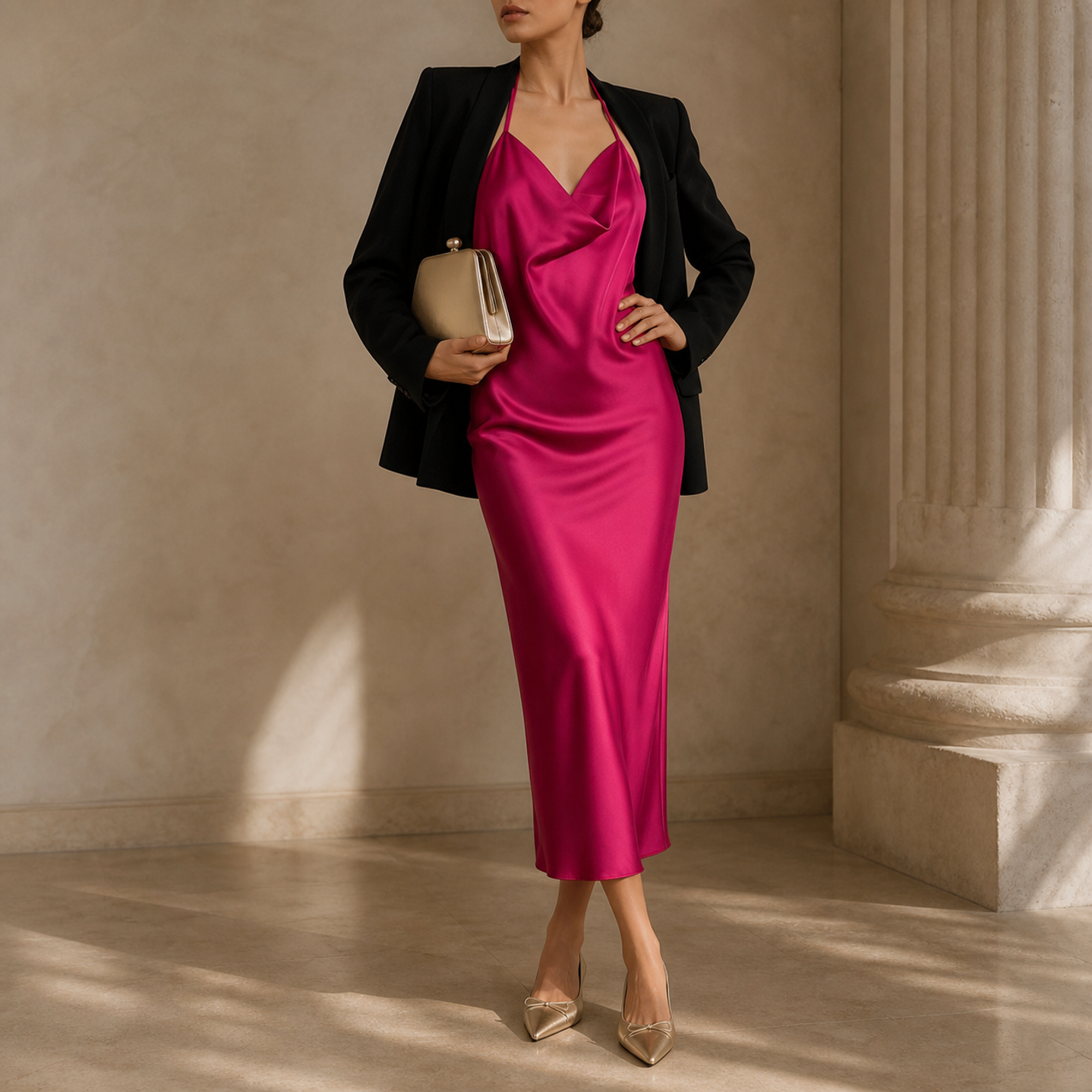 Fuchsia satin maxi dress with halter straps, full-length side view by Lord & Taylor Heritage