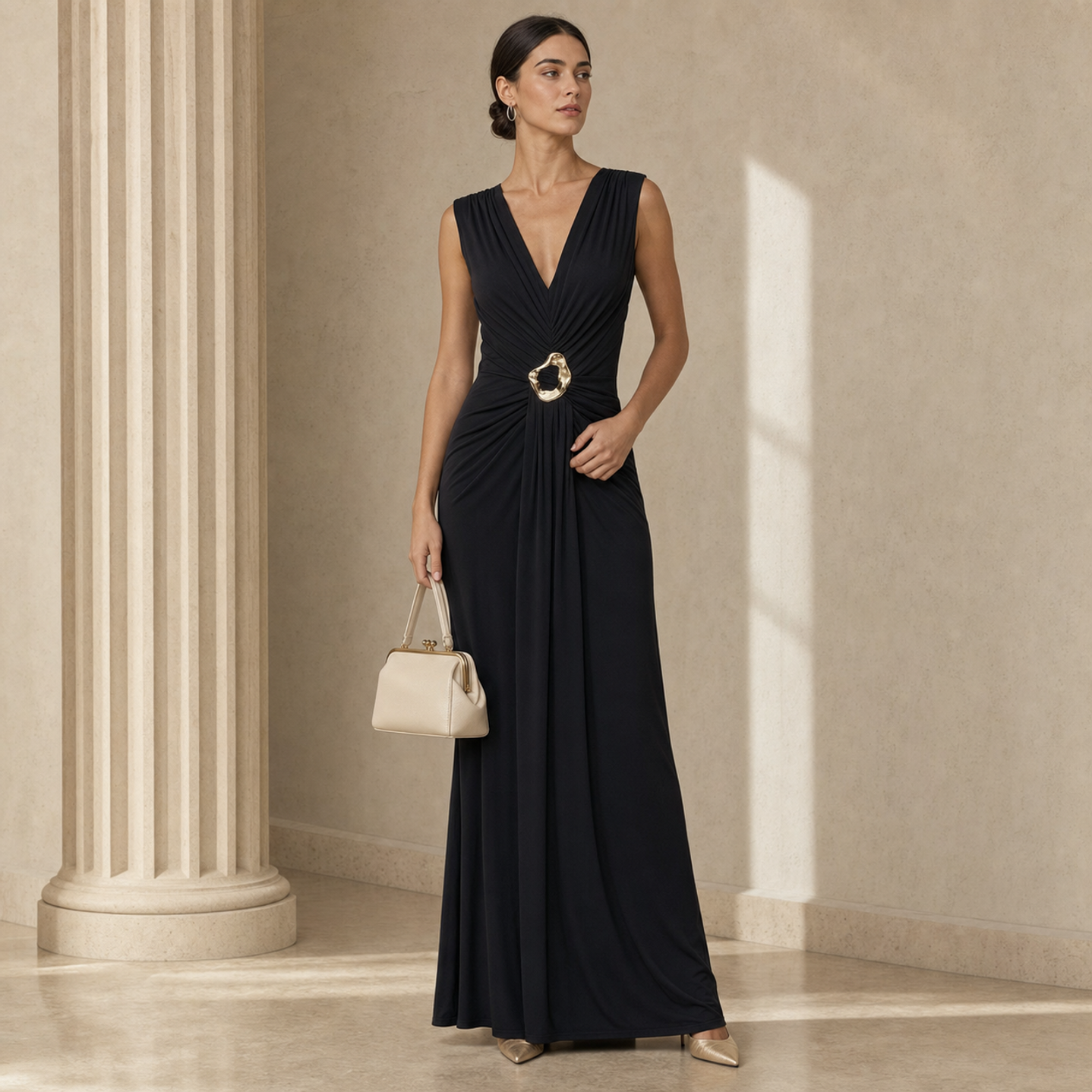 Lord & Taylor Heritage Sleeveless Gown, Black Matte Jersey — on model, full length