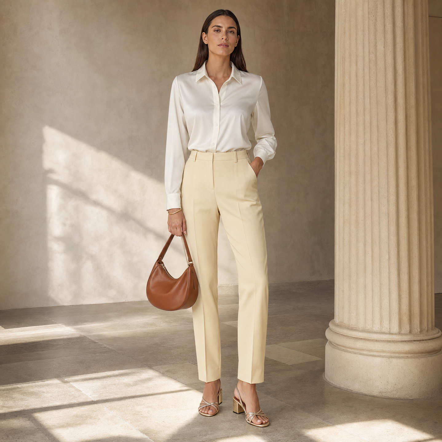 Beige high-waisted slim tapered trousers by Lord & Taylor Heritage, full-length front view