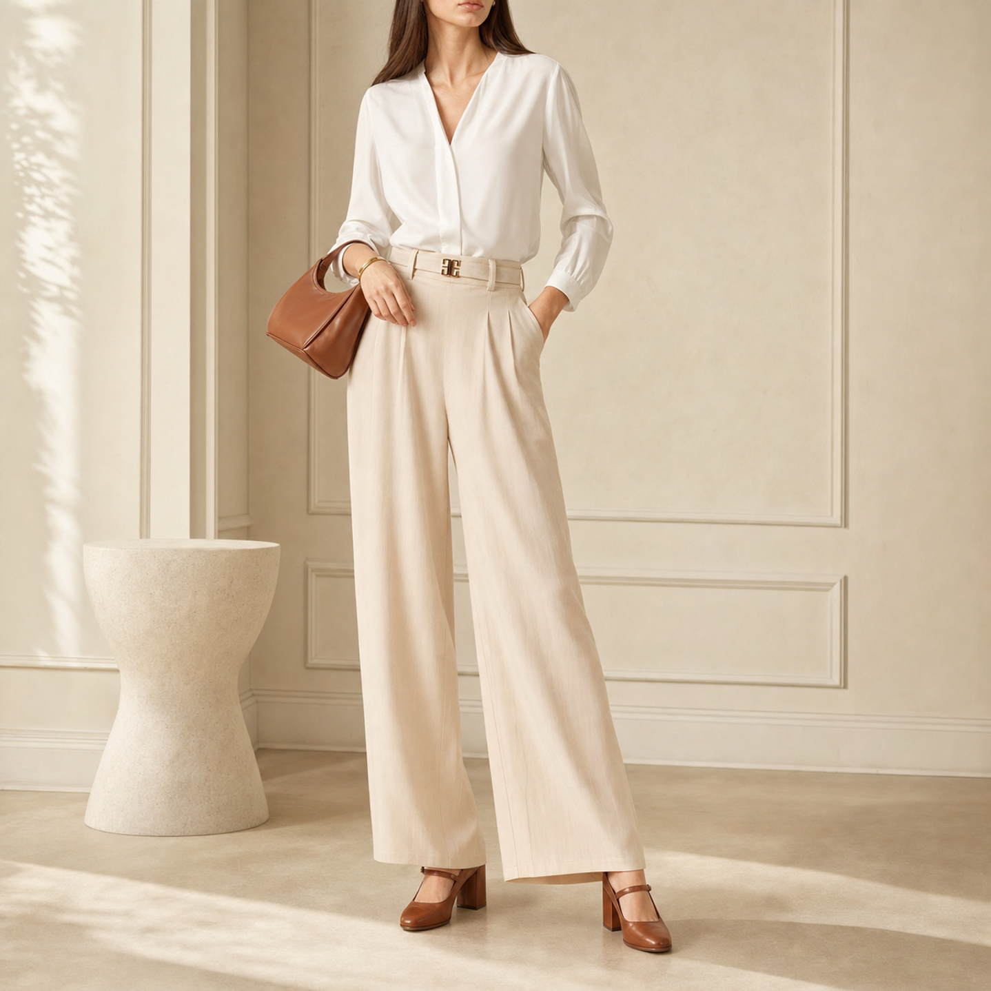 Beige wide-leg trousers with matching belt, full outfit front view by Lord & Taylor Heritage