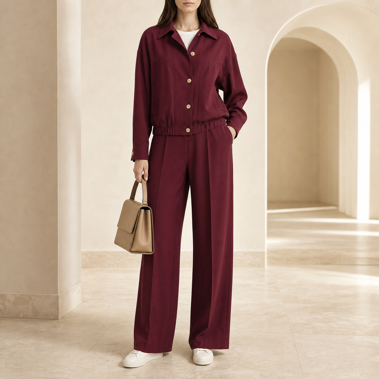 Burgundy collared bomber jacket by Lord & Taylor Heritage, full-length front view on model