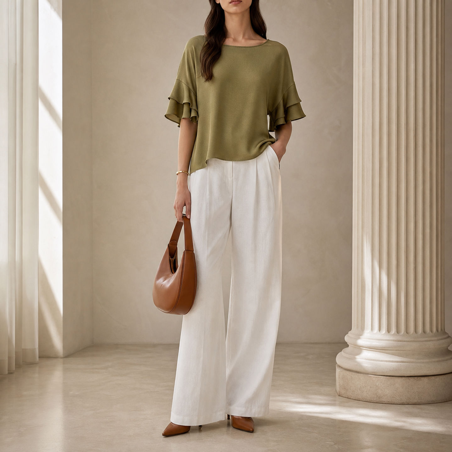 Olive green ruffle-sleeve top by Lord & Taylor Heritage, full-length front view on model