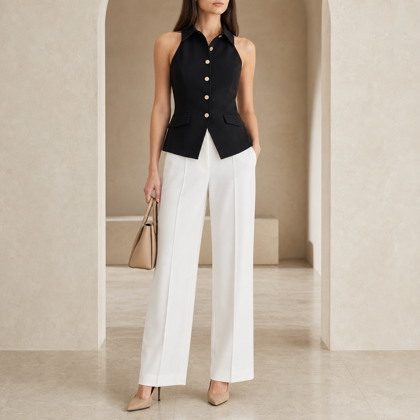 Lord & Taylor Heritage Halter Vest Top, Black Crepe — on model, full length